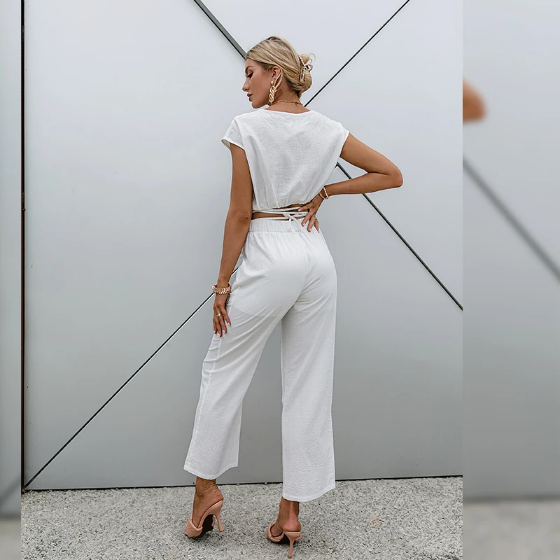 

Casual White Cotton 2-piece Women Suit Summer Cool High Street Solid Short Top Pant Sets Fashion Outfits Chic Female Set New