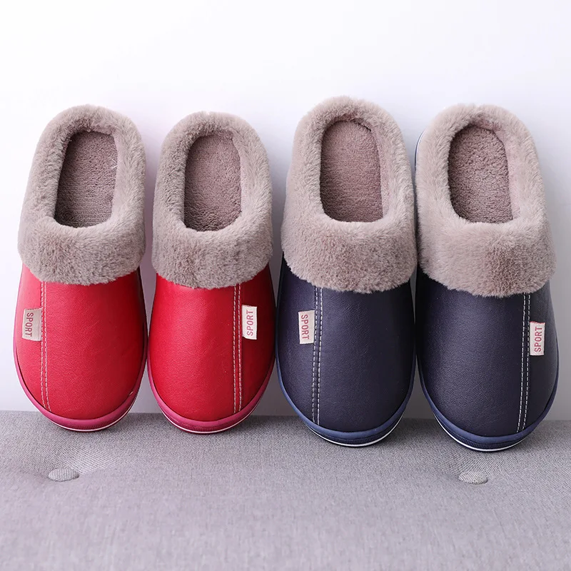 

PU Waterproof Slippers Women Men Plush Keep Warm Flat Home Shoes Woman Winter Soft Comfort Female Shoes Sewing Interior Slipper