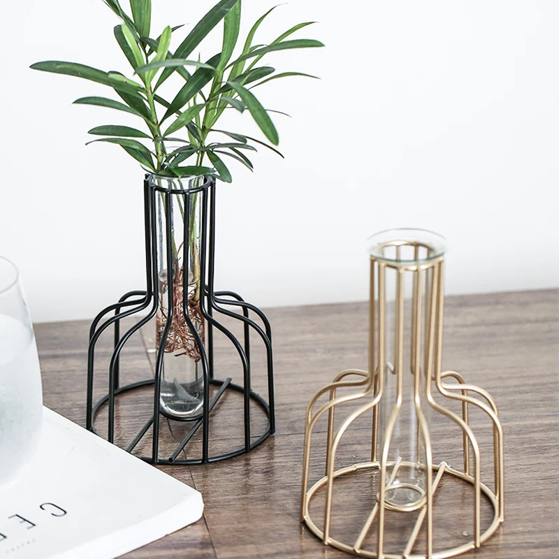 Black Lines Minimalist Abstract Iron Vase Geometric Hydroponic Vase Rack Home Decor Vase Abstract Glass Terrarium Gold Vase