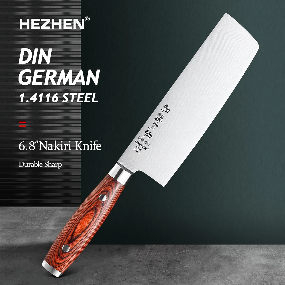 

HEZHEN 6.8 Inches Nakiri Knife German DIN1.4116 Stainless Steel Rivet Pakka Wood Handle Sharp Kitchen Cook Knives