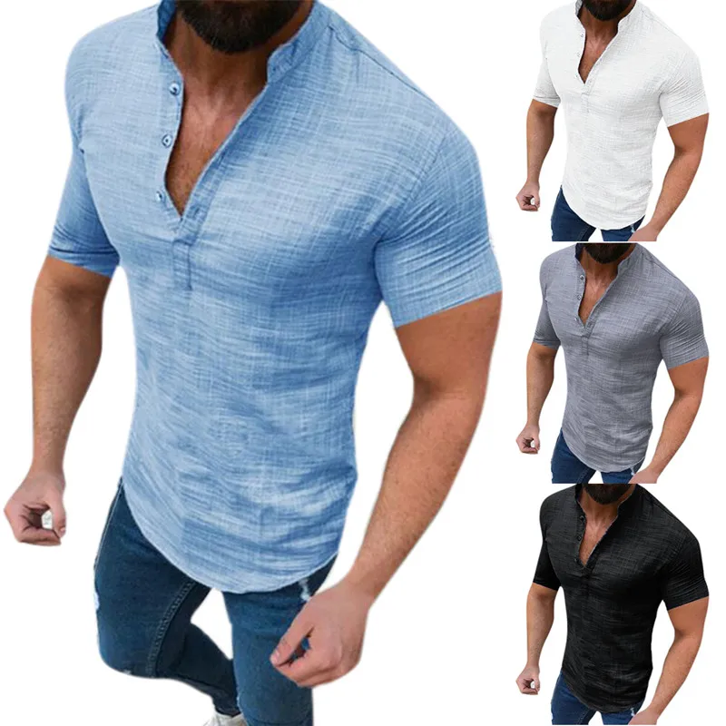 

Mens Shirt Casual Short Sleeve T Shirt Grandad Collar Summer Tops Holiday Shirts
