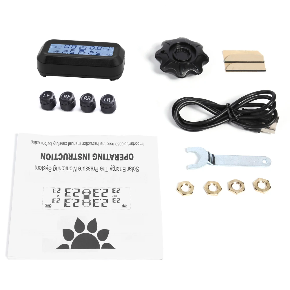 

Tire Pressure Monitoring System Solar Power Clock LCD Display 4 External Sensor Tire Pressure Sensors
