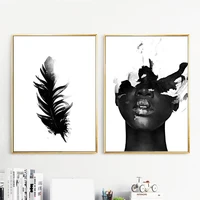 black and white wall art modern abstract canvas painting feather girl posters and prints wall pictures for interior home decor
