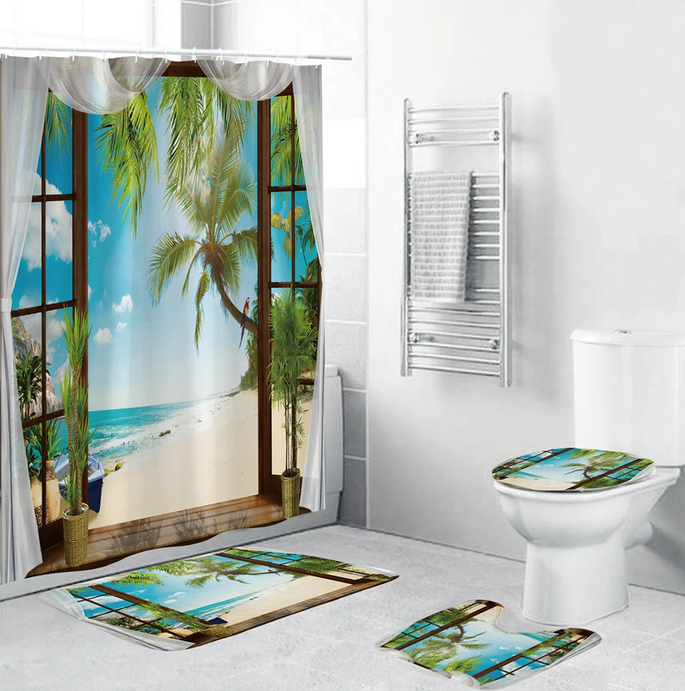 

Seaside Coconut Tree Scenery Bathroom Shower Curtain Sets Sea Beach 3d Print Bath Curtains Non Slip Toilet Cover Rugs Mat Set