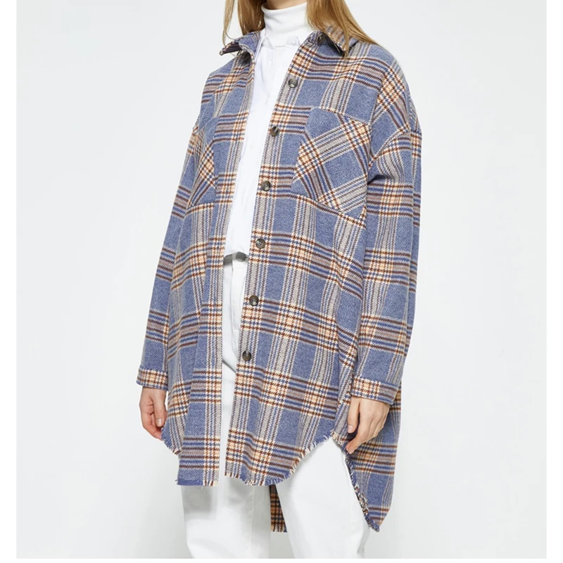 

Vogue Nice autumn plaid vintage blue long loose shirt jackets woman fashion single breated frayed edge long coat outwear femme