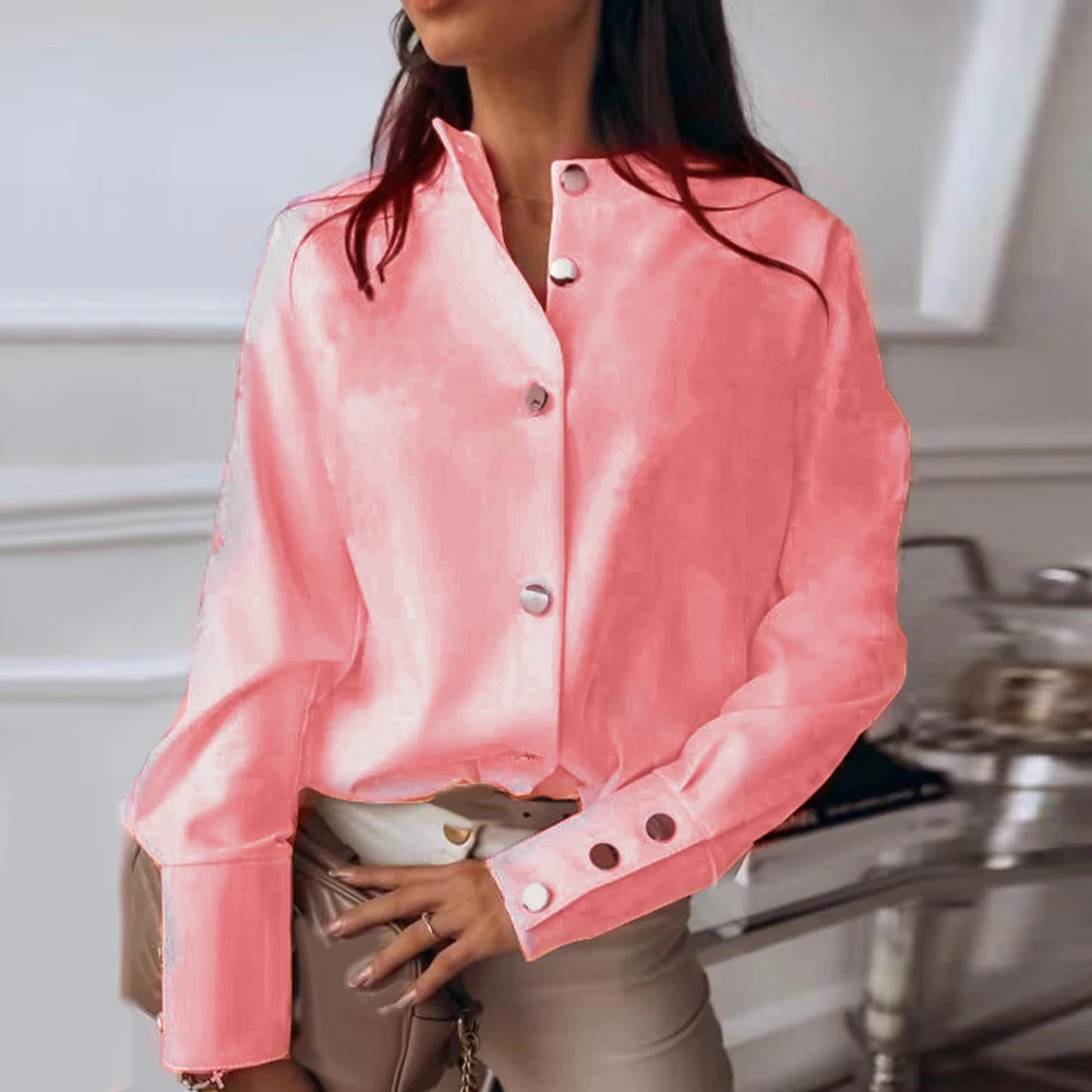 Модная Офисная Женская однотонная блузка с длинным рукавом и воротником стойкой