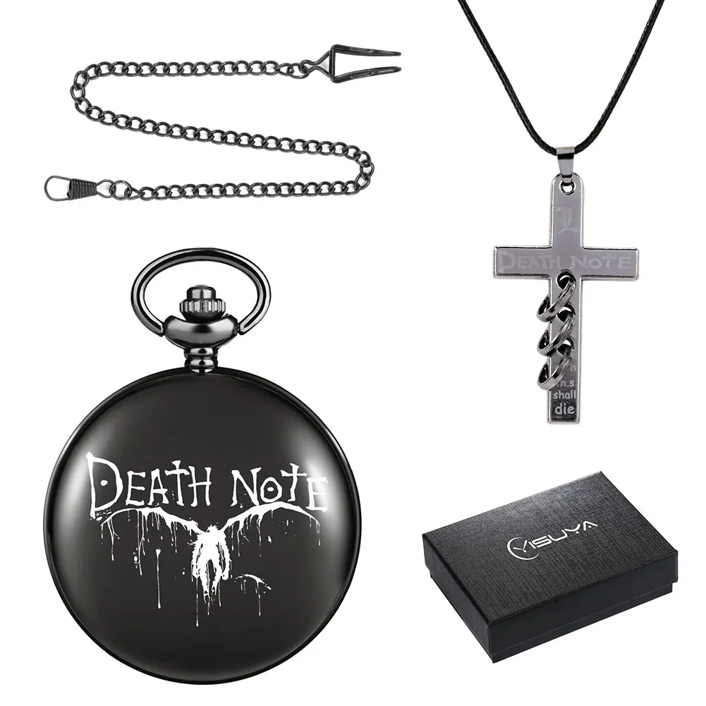 Pocket Watch Sets for Men Black Quartz Pocket Watch Gift Set Vintage Cross Necklace Pendant Gift for Men Pocket Watch Fob Chain