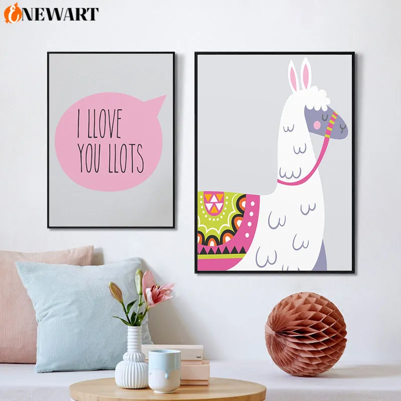 Розовый Мультфильм Альпака ребенок постер животное стены искусства холст принт