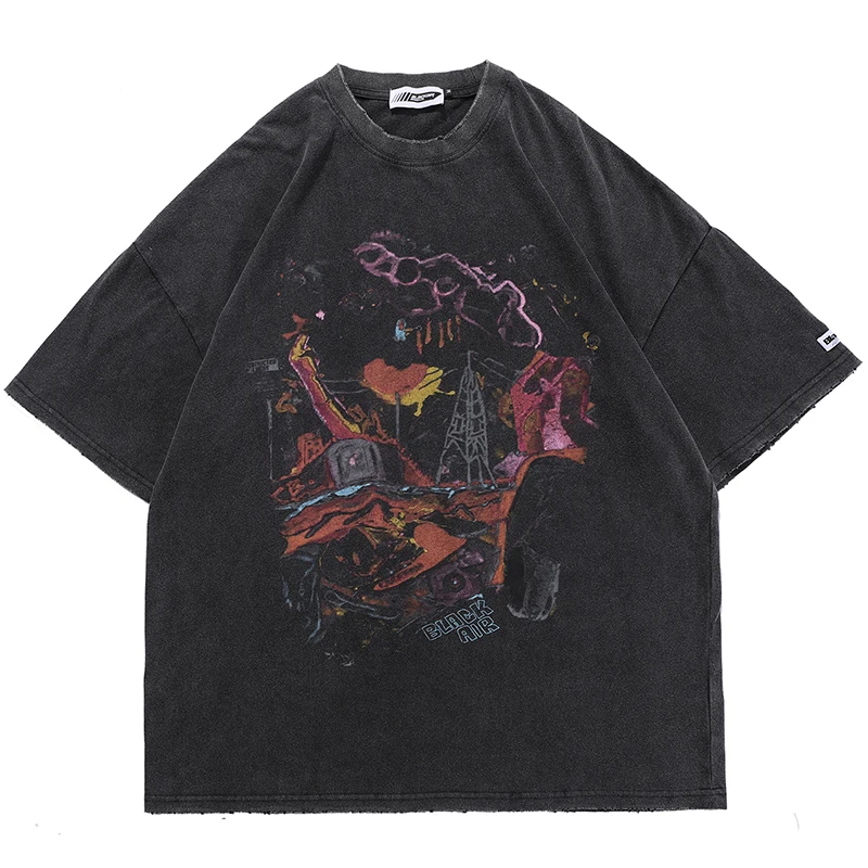 

Vintage Washed T Shirt for Men 2021 Harajuku Streetwear Oversized Hip Hop Top Tees Male Tshirt Ripped Graphic Printed T-shirts