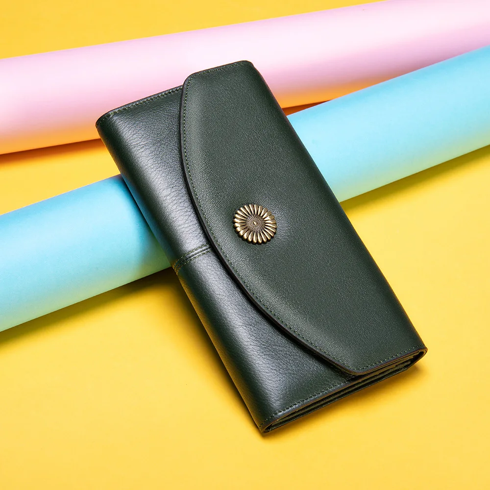 

Summer New Ladies Coin Purse Buckle Medium And Long Card Bag Retro Simple RFID Antimagnetic Wallet