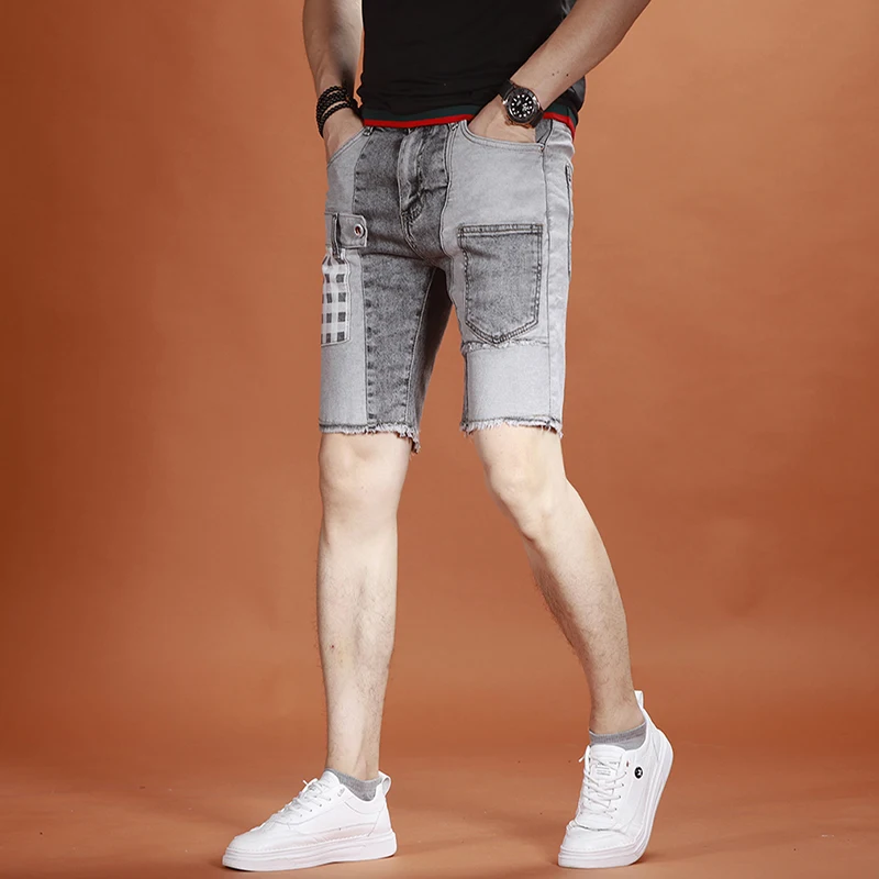 Summer Men Gray Denim Shorts Fashion Printed Patchwork Short Jeans