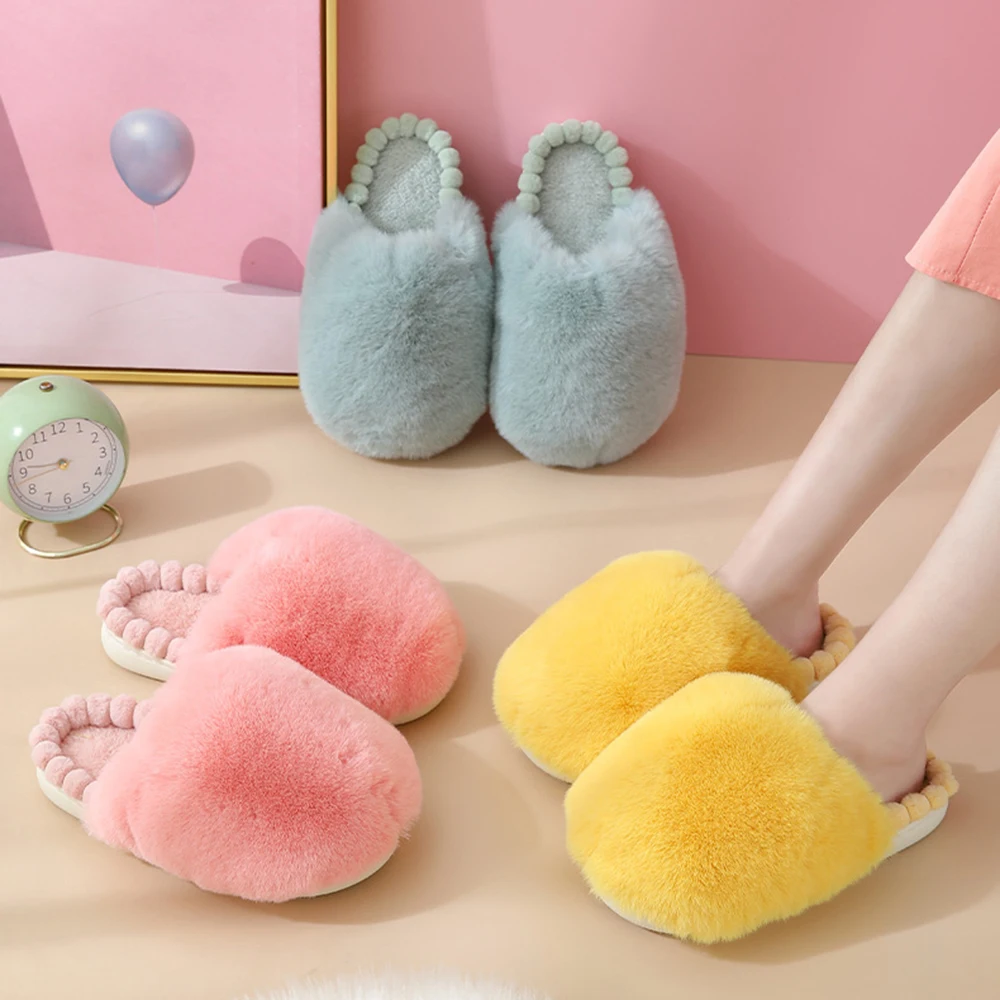 

Winter Home Women Slippers Furry Shoes Thick Warm Fur Slides Girl Cute Clouds Solid Color Flip Flops Flat Non-Slip Plush Slipper