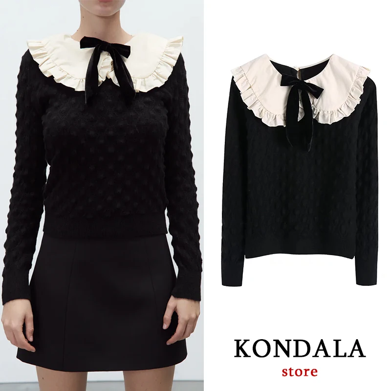 Женский трикотажный свитер KONDALA Za однотонный черный пуловер с длинным рукавом и