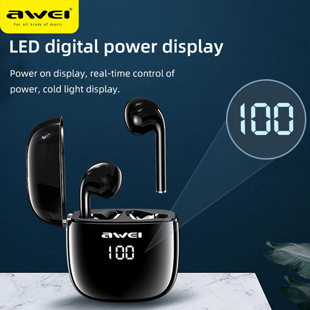 Игровые TWS Наушники AWEI T28P со светодиодный ным дисплеем беспроводные наушники