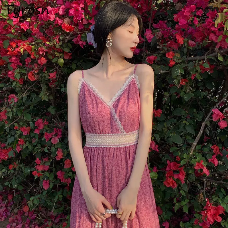 

Женское платье на бретельках-спагетти, элегантное красное винтажное кружевное платье до середины икры в стиле пэчворк с высокой талией и V-о...