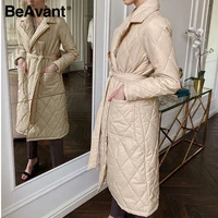 beavant long straight coat with rhombus pattern casual sashes women winter parka deep pockets tailored collar stylish outerwear