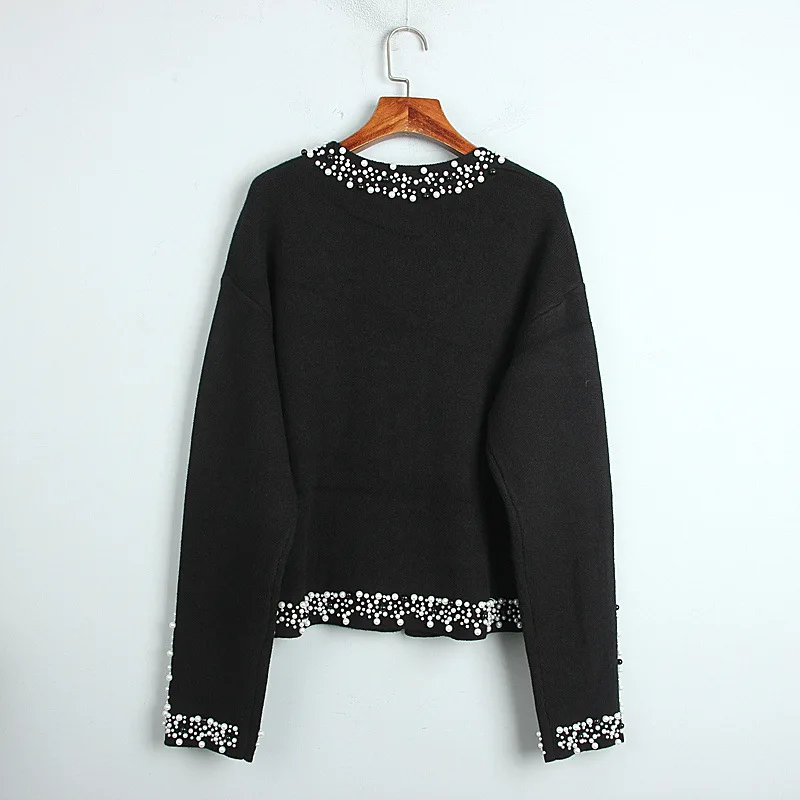 

Runway Cardigan Black Sweater Coat Fall 2020 Women Fashion V Neck Covered Button Beaded Short Cardigan Women Knitted Outfits