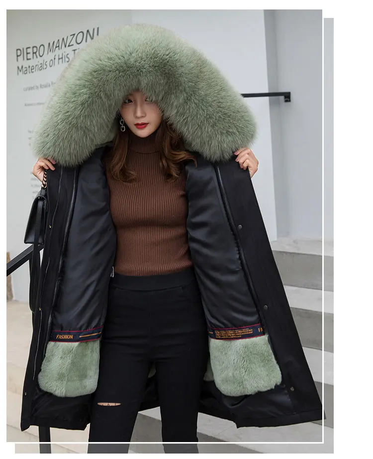 Модное женское длинное пальто с капюшоном и подкладкой из кроличьего меха парки