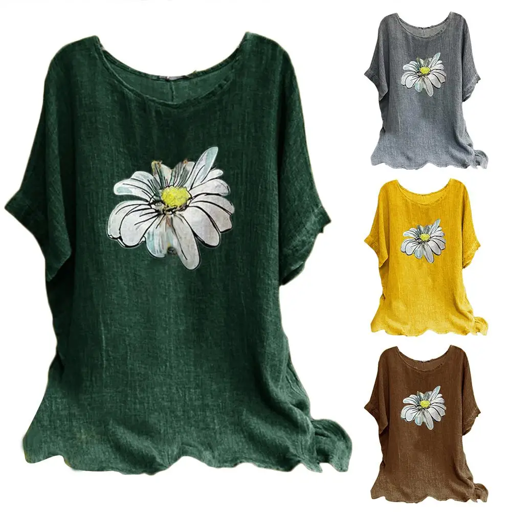 

S-5XL T Shirt Women Summer Casual Blouse Top O Neck Short Sleeve Floral Print Loose T-shirt summer clothes female pullover top