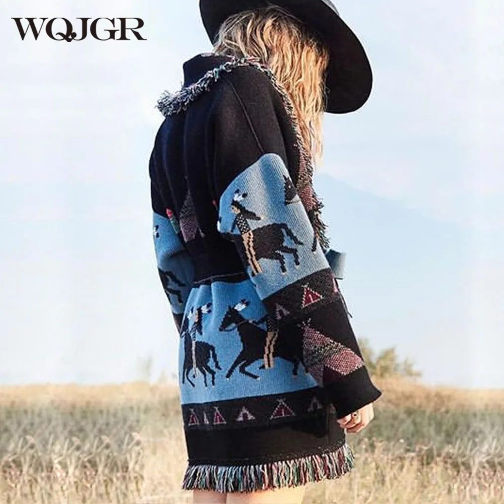 WQJGR Autumn Winter Cardigan Sweater Women Wool Kniited Tassel Print Loose Full Sleeve Fashion High Quality Jacket Female
