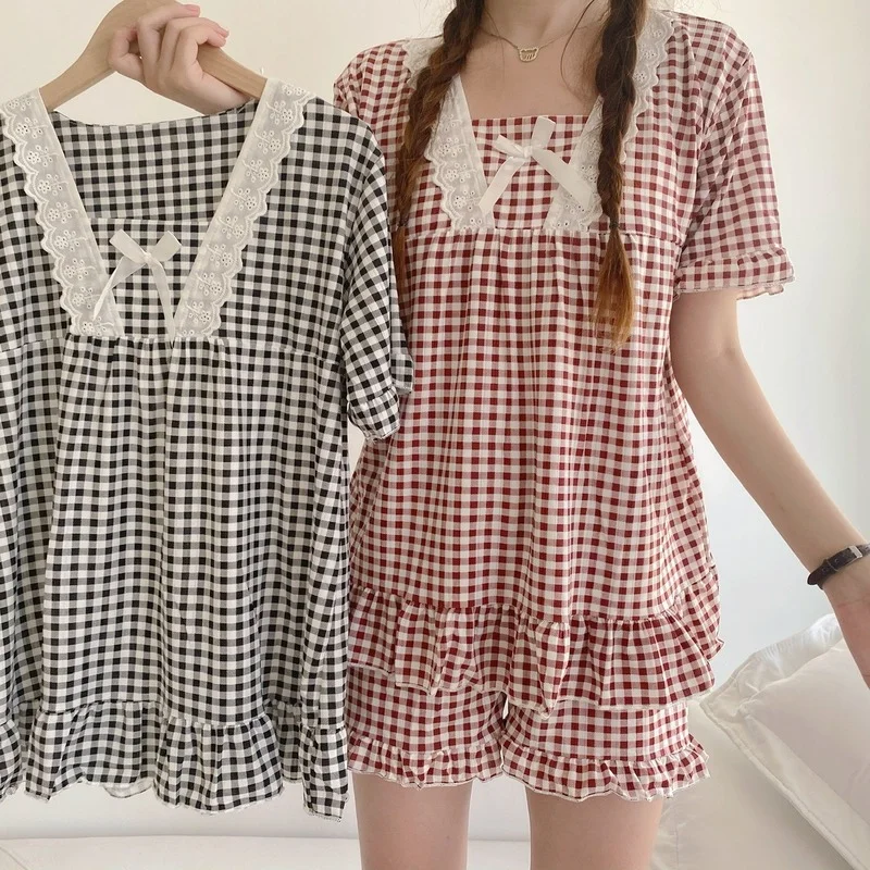

Harajpee Japanese 2 Piece Set Pajamas Plaid Short Sleeve Women Sleepwear Summer 2021 New Lace Square Collar Casual Pijama Shorts