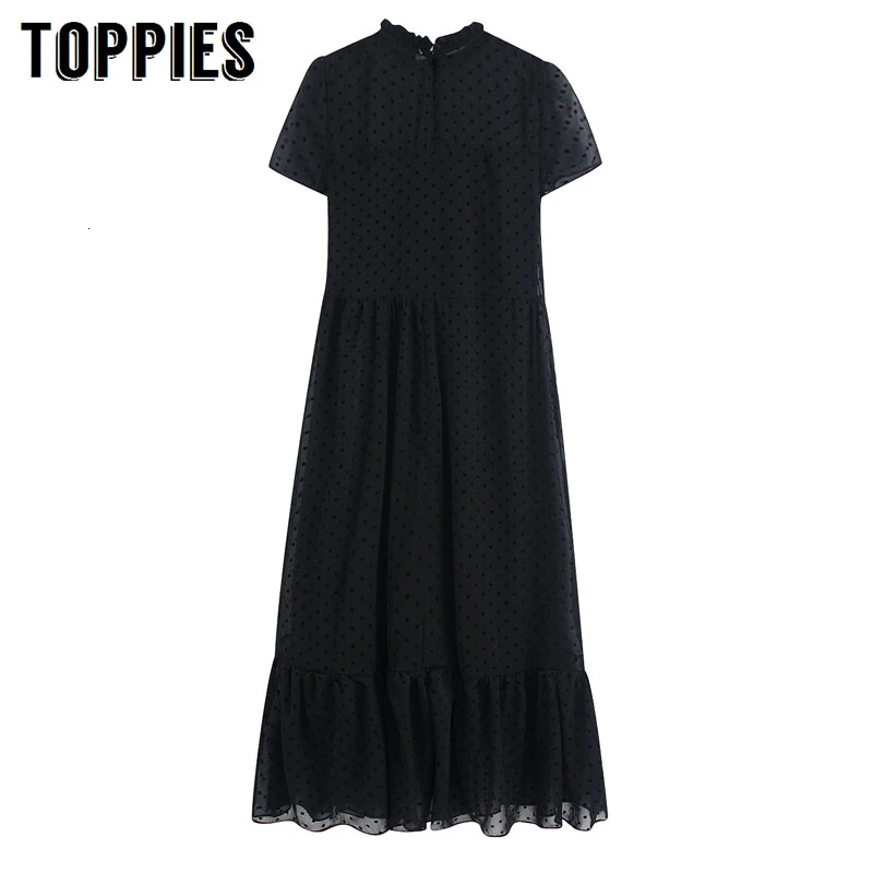 платье в горошек Черное Сетчатое 2020 летнее длинное женское с коротким рукавом и