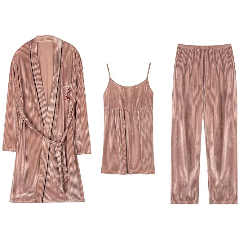 2019 осенние пижамы 3 шт наборы дамы золото бархат Слинг платья брюки сексуальный