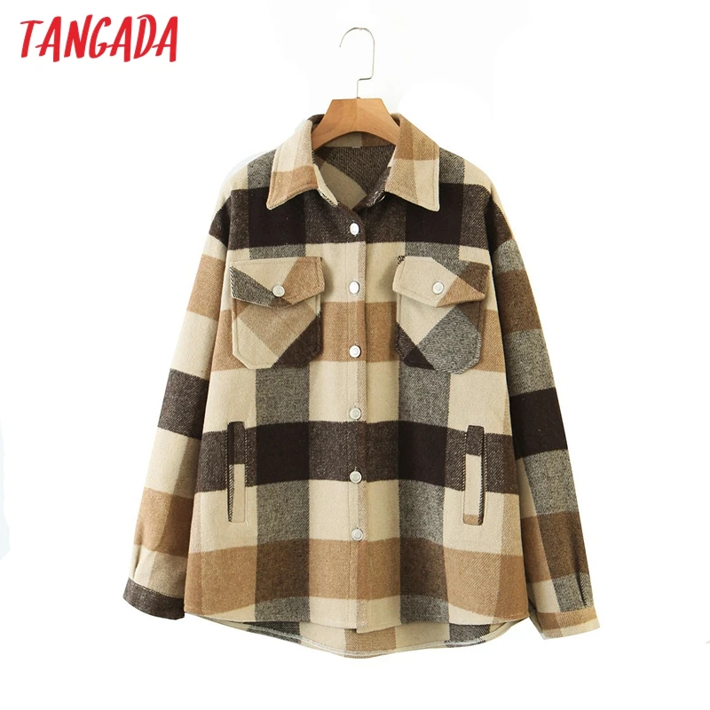 

Tangada 2020 Autumn Winter Women Brown plaid Long Coat Jacket Pocket Casual Warm Overcoat Fashion Outwear Tops QW12