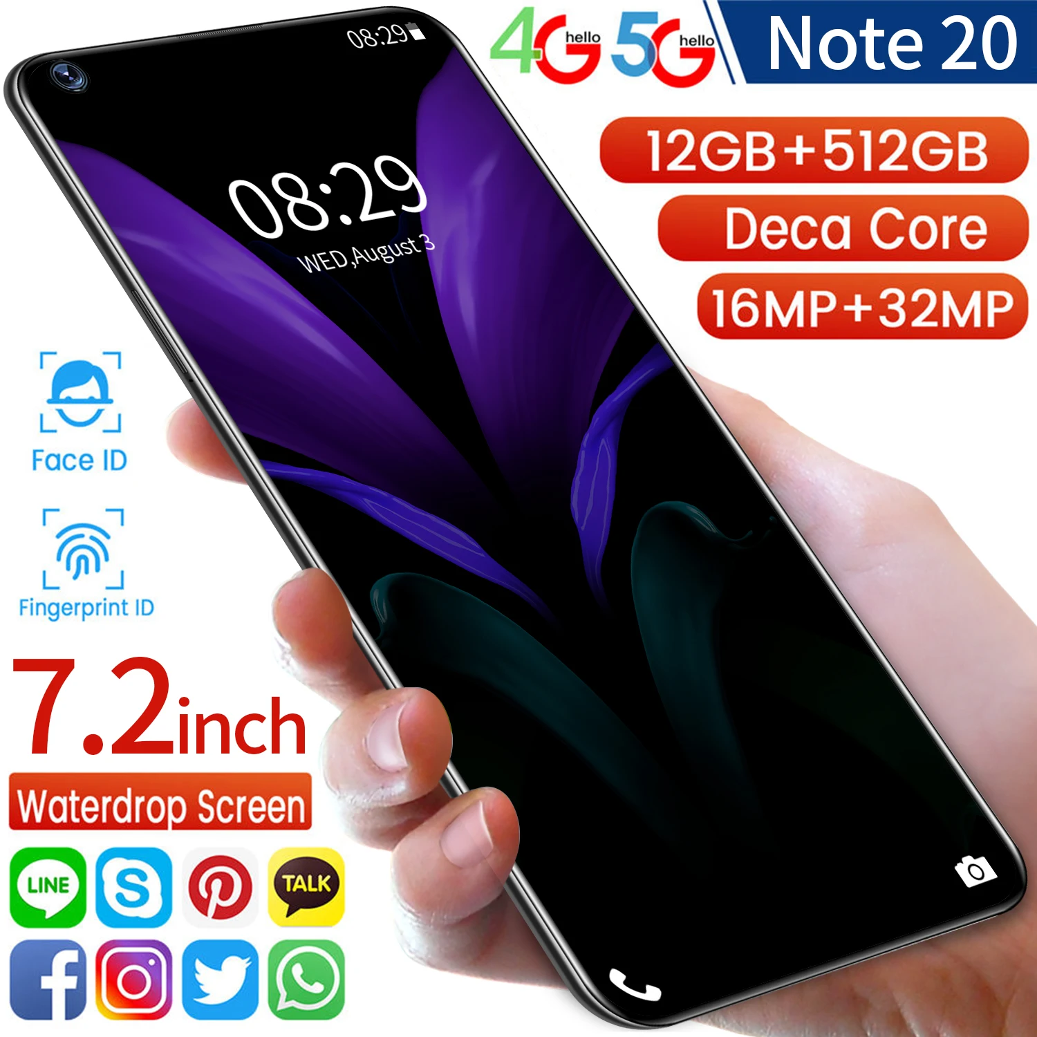 

Note 20 Smartphone Android 7.2in Waterdrop Screen Deca Core 12+512GB Featured Phone 16MP+32MP Unlocked Push-Button Cell Phones