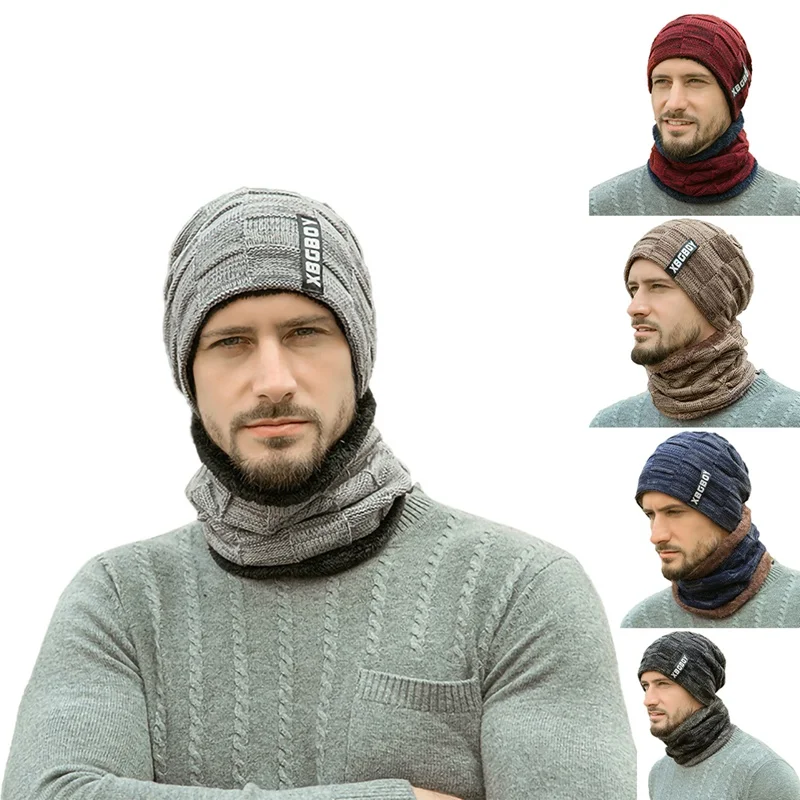 

Winter Beanie Hat Scarf Set Outdoor Sports Hiking Scarf Men Fluffy Knitted Cap Neck Warmer Headwear