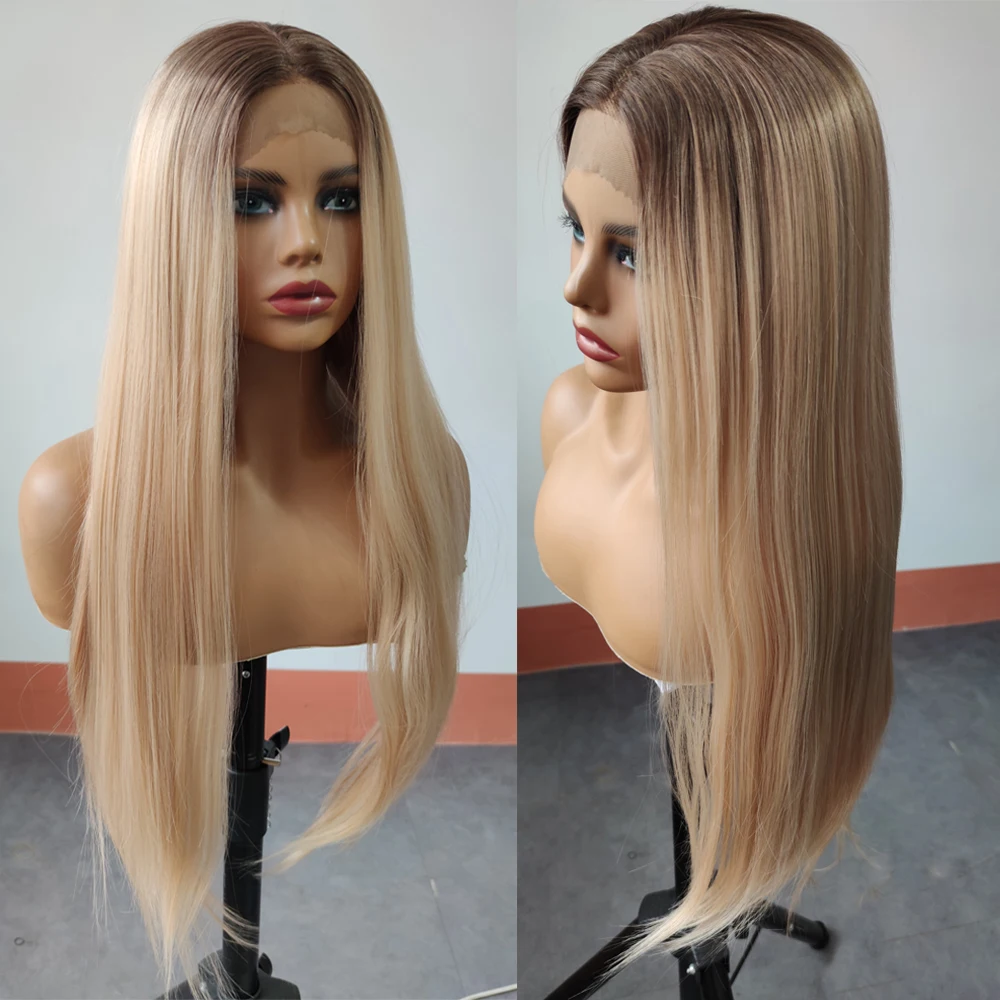 

Ombre blonde wig synthetic lace front wig brown to blonde long straight wigs for women heat resistant cosplay daily wear