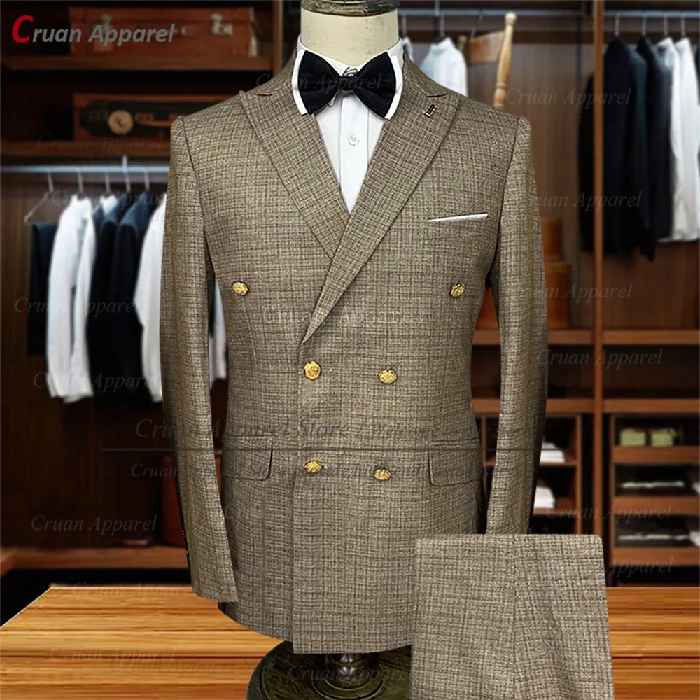 Brand Double Breasted Gold Plaid Suit Men Set Slim Fit Luxury Formal Dinner Party Business Lattice Print Jacket with Pants 2Pcs