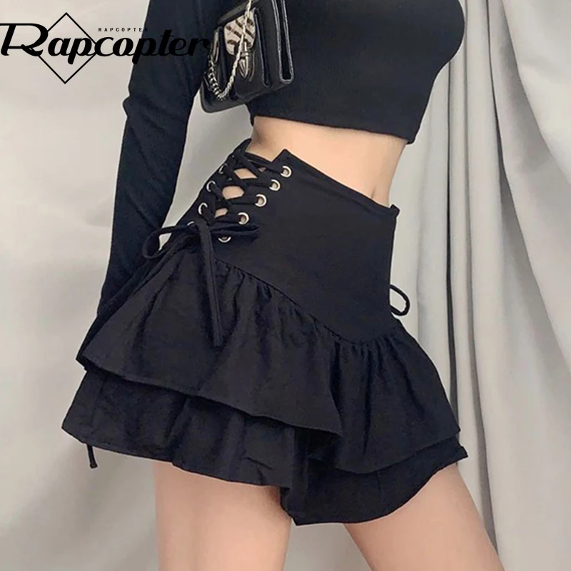 

Rapcopter Goth Black Pleated Skirts Cross Tie Up Mini Skirts y2k High Waisted Short Skirts Streetwear Women Vintage Skirts 90S