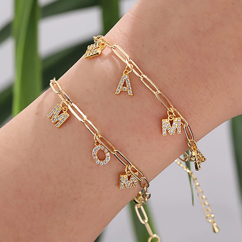 

New Simple Geometric Crystal Gold Chain Bangle Bracelets for Women Punk Charming MOM Pendant Bracelet Mother's Day Jewelry Gift