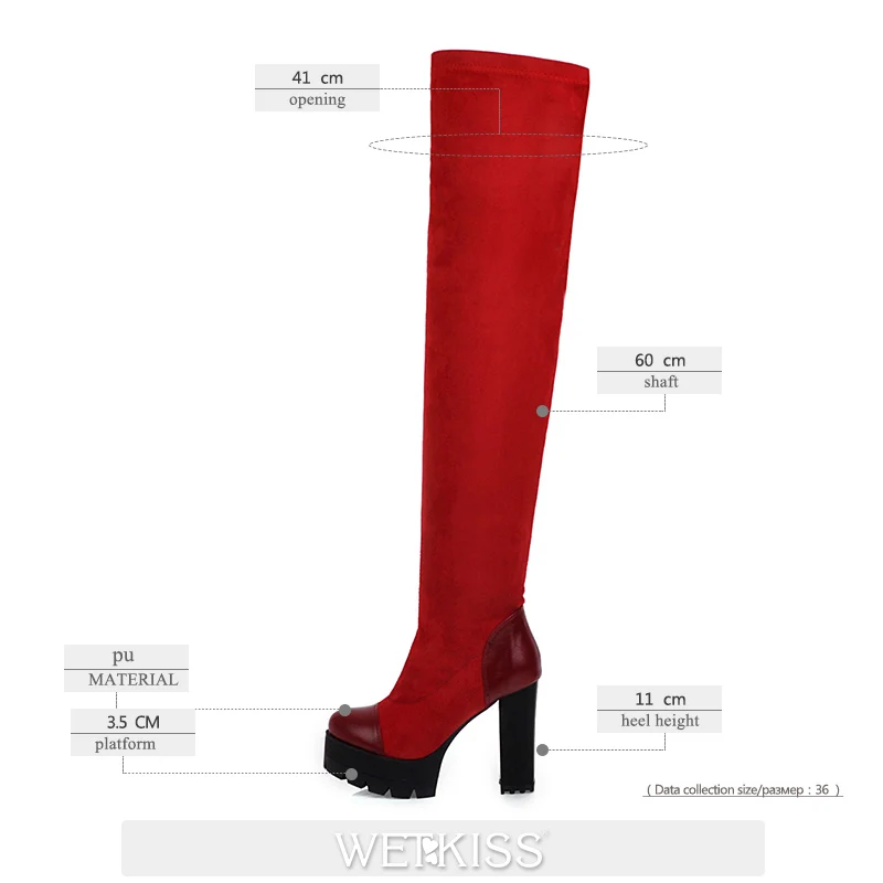 WETKISS Platform High Heels Boots Women Thigh High Boot Female Stitching Shoes Lady Round Toe Stretch Shoes Winter Plus Size 48