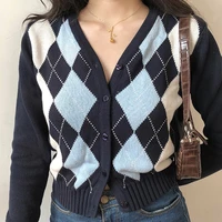 vintage v neck plaid long sleeve women sweater 2020 autumn winter short knitted cardigan sweaters womes england style tops