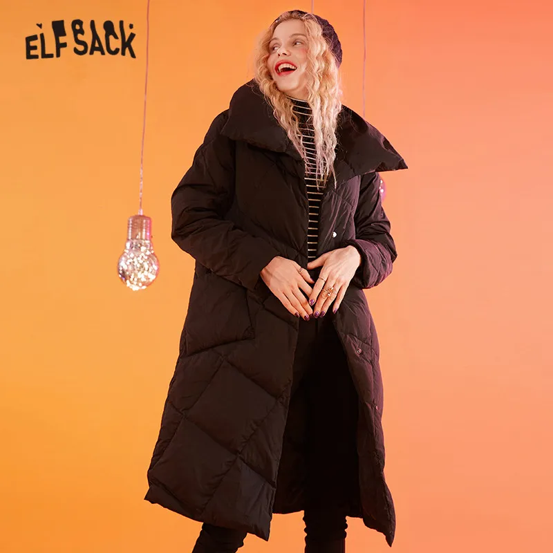 Женский однотонный пуховик ELFSACK черный Свободный Повседневный теплый на одной