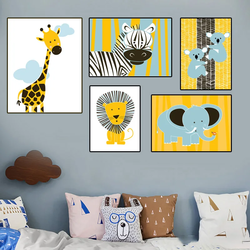

Yellow Lion Canvas Painting Baby Room Decor Cartoon Animals Art Poster Nordic Zebra Plakat Wall Pictures For Kids Room