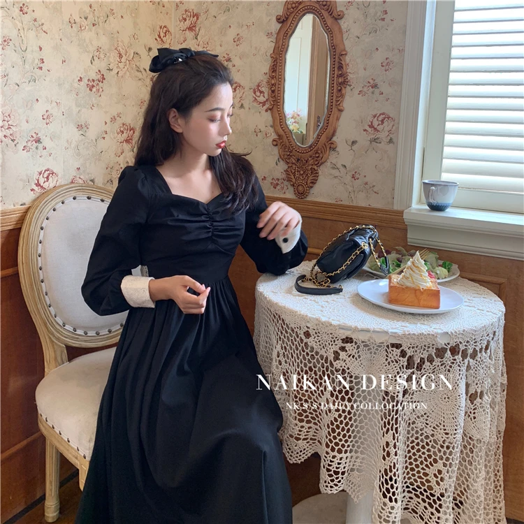 Женское винтажное платье средней длины элегантное однотонное черное вечерние во