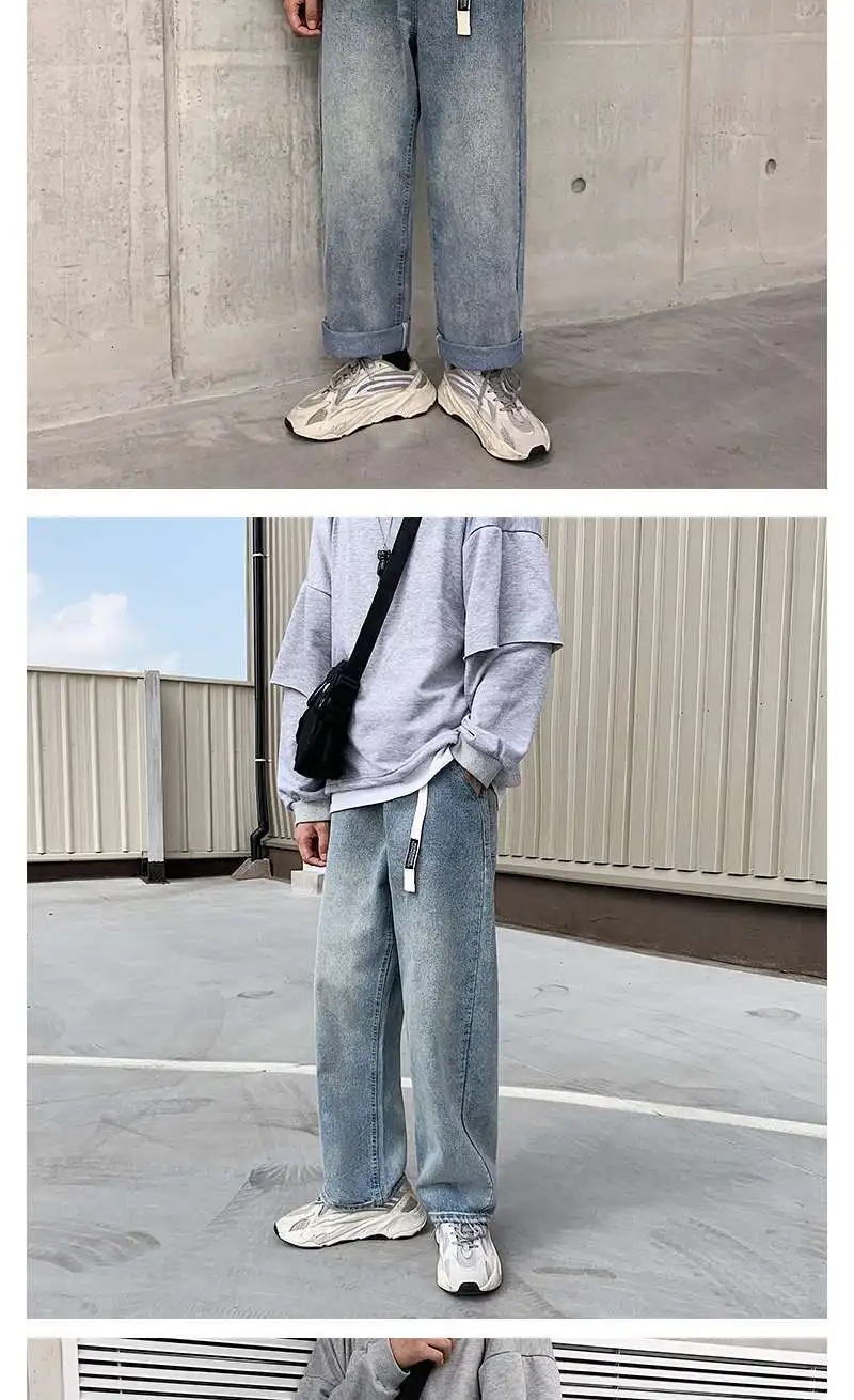 

New Hip-Hop Mens Korean Fashoins Harem Blue Jeans Pants 2020 Vintage Straight Pants Harajuku Jeans Baggy Belt High Quality Denim