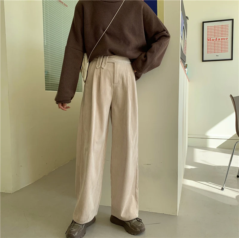 

High waist wide leg pants autumn new style ladies straight-leg corduroy pants retro loose trousers