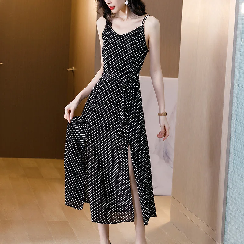 

Silk wave point suspender skirt 2020 new summer loose and thin lace up A-line silk dress medium length
