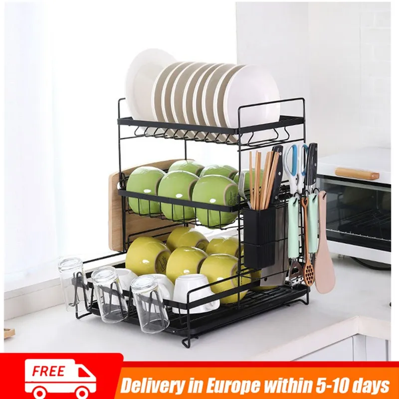 

Kitchen Dish Drying Storage Rack Holder with Drainboard Plate Cup Spoon Drainer Shelf Countertop Utensil Organizer 2/3 Tier