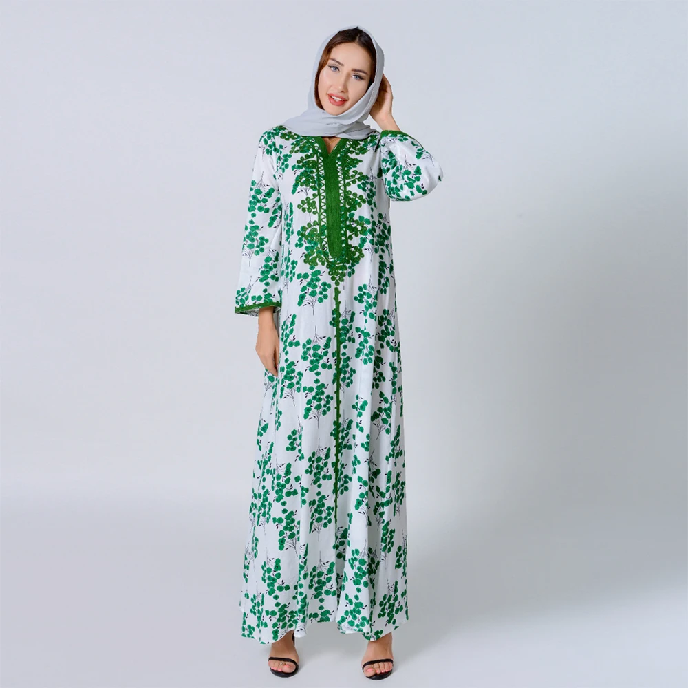 Для женщин зеленый принт мусульманское длинное платье Индии в народном лентой