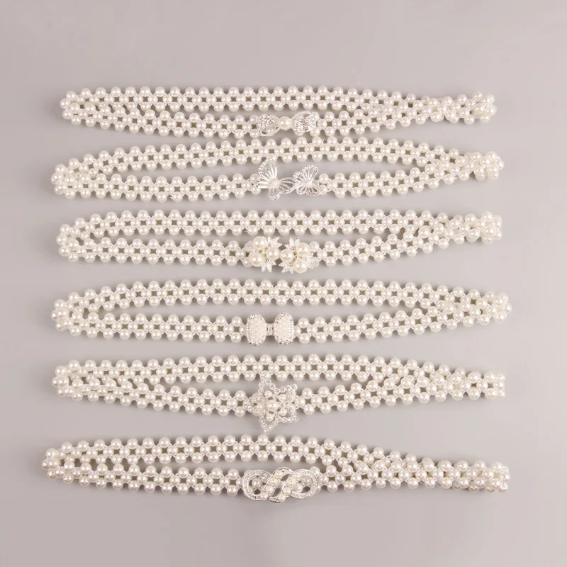 

Women's new bead chain belt Hot versatile fashion pearl diamond flower waist chain Dress decorative belt Bow buckle elastic belt