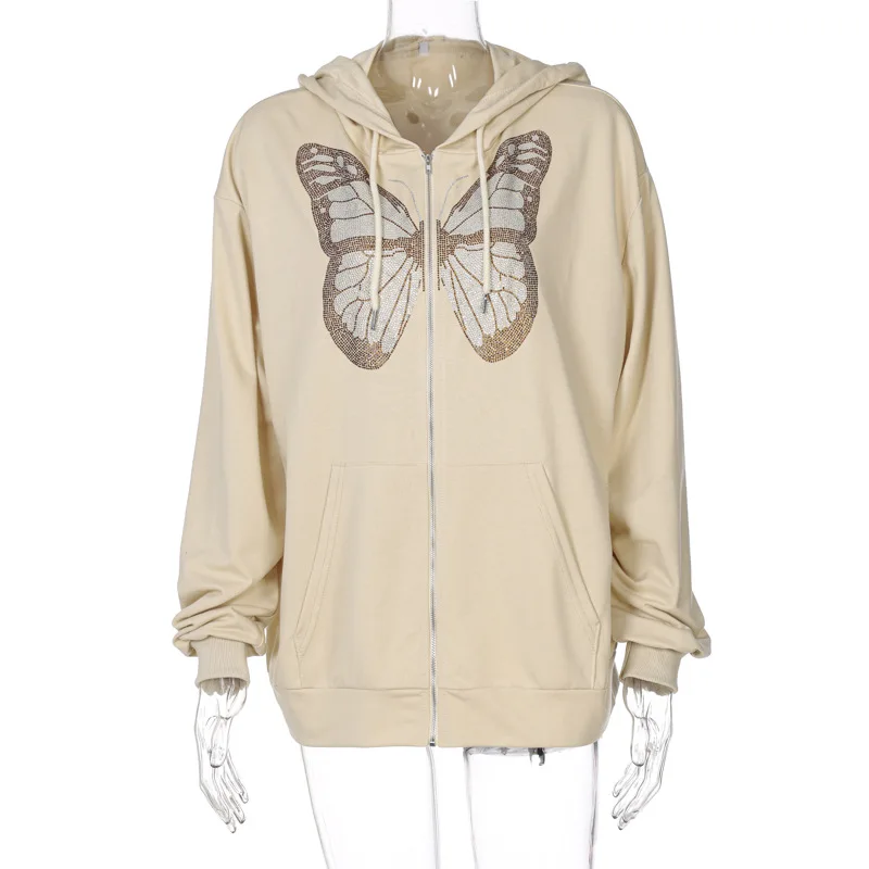 

Y2K Women Butterfly Graphic Print Zipper Cardigan Hoodie Long Sleeve Zip Up Streetwear Female Gray Black Khaki Hoodies