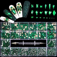 mixed ab glass malachite green crystal diamond in grids 21 shape flatback diy rhinestone nail art set with 1 pick up pen