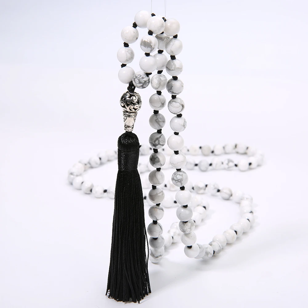 OAIITE 8 мм Howlite Mala 108 бусины ожерелье натуральный камень кисточка с узлом ручной
