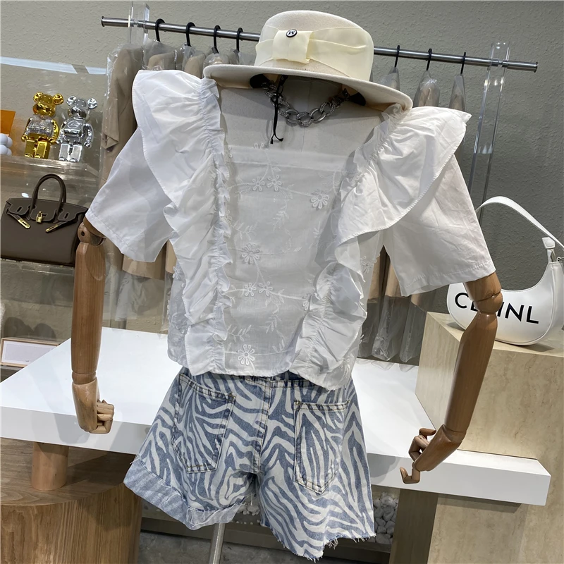 

Square Collar Ruffled Crocheted Blouses Women Hollow Out Short Sleeved Shirt Female Sweet Short White Casual Loose Top