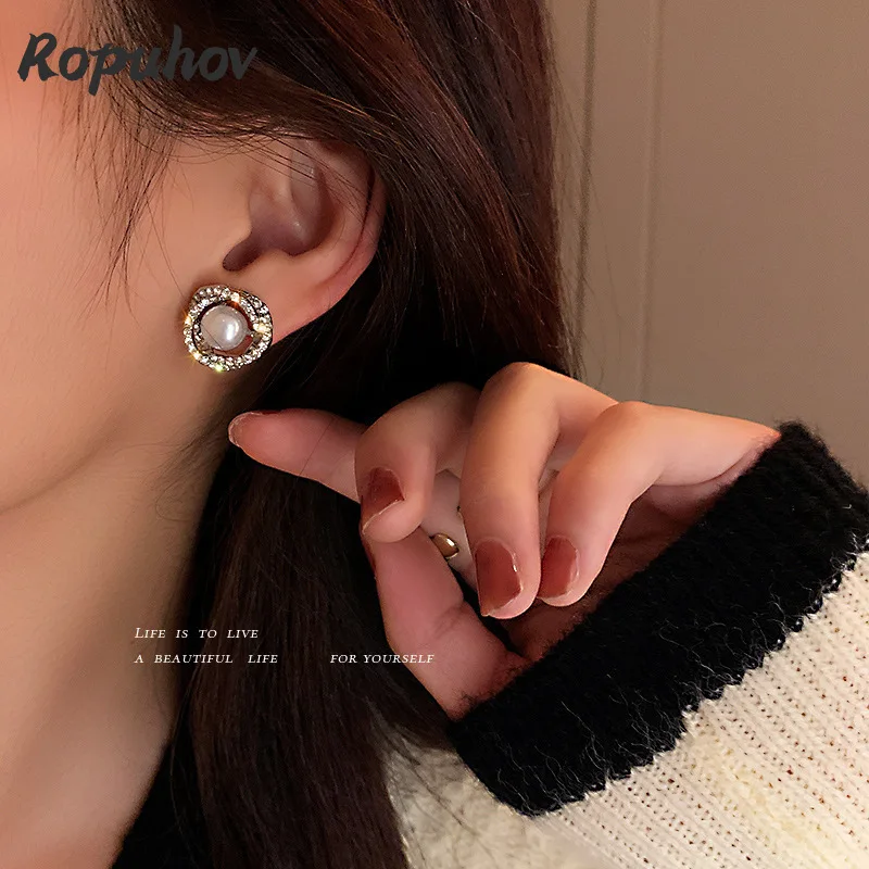 

Ropuhov 2021 New 925 Silvery Needle Korean Double Ring Pearl Flash Diamond Simple Minority Versatile Literary Earrings Female